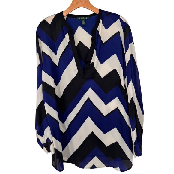 Ralph Lauren womens Chevron Print V-Neck Blouse size 2X plus Long Sleeve Blue - Picture 1 of 15